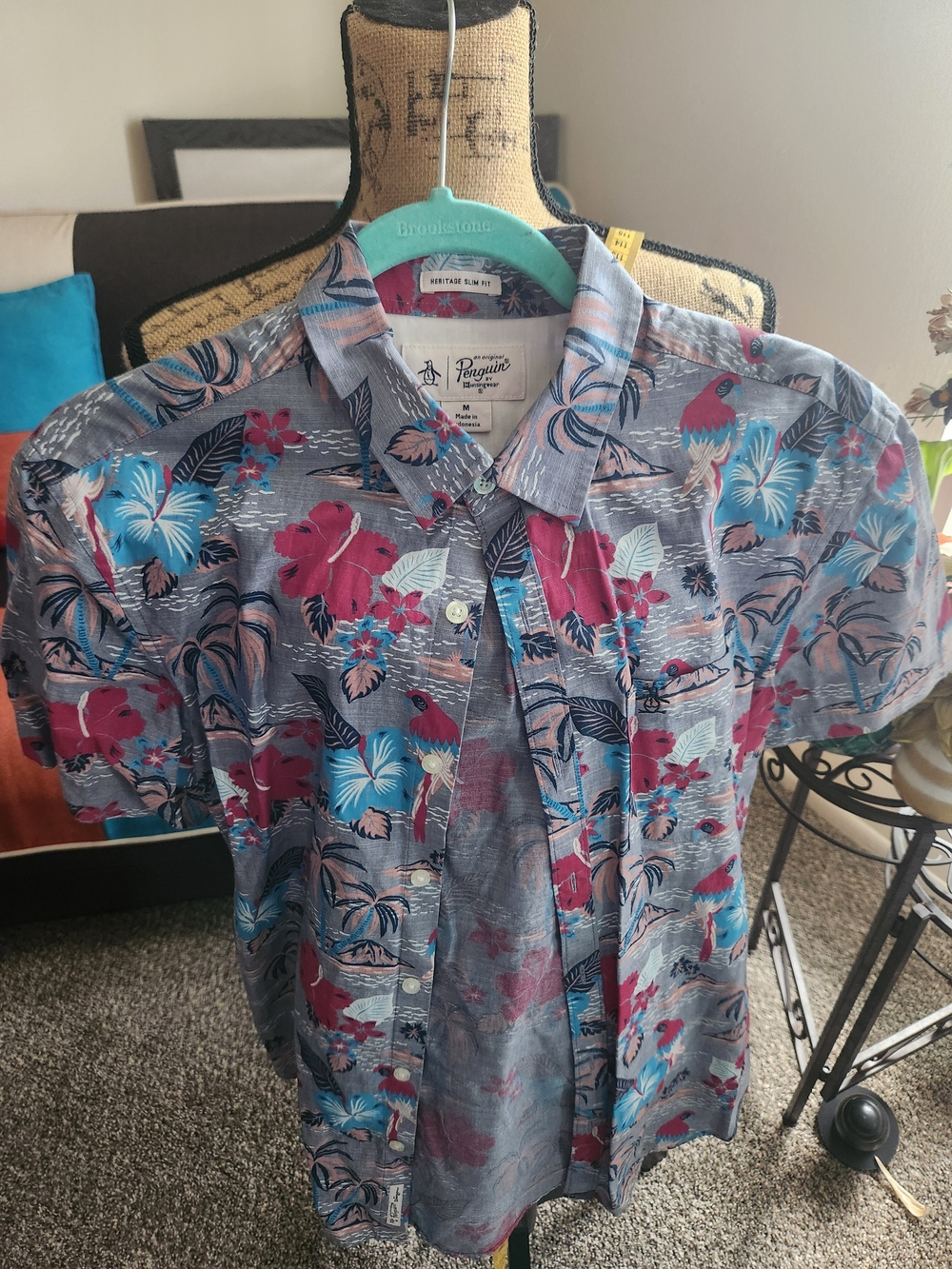 Original Penguin Men’s Short Sleeve Floral Shirt - Blue with Pink Floral